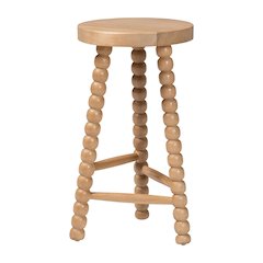 David Acacia Wood Bobbin Counter Stool - Sculptural Backless, Natural Brown
