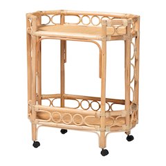 Rene Natural Rattan Kitchen Cart - 2-Tier Handwoven Wicker Storage Trolley with