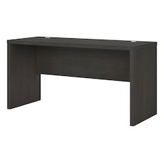 Gray Office Credenza Desk, Backside Finish And Wire Management For Workspace