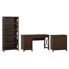 Brown Office Desk With 2 Drawer Lateral File Cabinet And 5-Shelf Bookcase