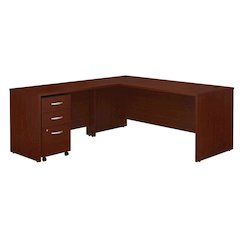 L-Shaped Desk With Mahogany Finish And Mobile File Cabinet, Office Workspace