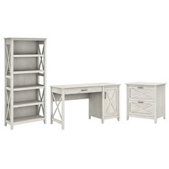 Ivory Office Desk With 2 Drawer Lateral File Cabinet And 5-Shelf Bookcase