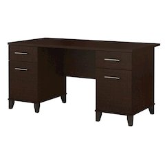 Modern Brown Office Desk With 4 Drawers And Wire Management