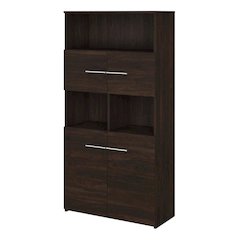 White 5-Shelf Bookcase with Doors for Flexible Storage and Organization