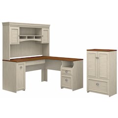 Fairview 60W L Shaped Desk with Hutch and Storage Cabinet with File Drawer