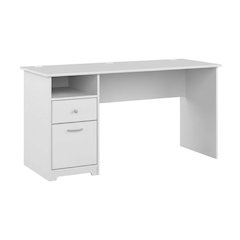 White Modern Office Desk With Drawers And Wire Management