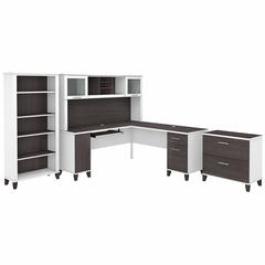 72W L Shaped Desk with Hutch, Lateral File Cabinet and Bookcase Storm Gray/White