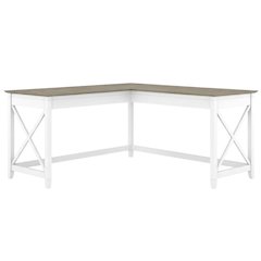 White L-Shaped Office Desk With Farmhouse Style And Wire Management