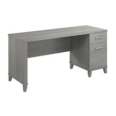 Gray Office Desk With Drawers And Wire Management For Workspace