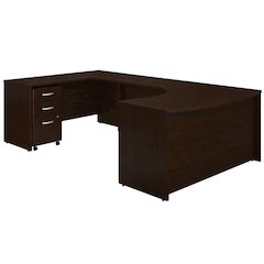 Left Handed U Shaped Desk, Mobile File Cabinet, Mocha Cherry For Office Spaces