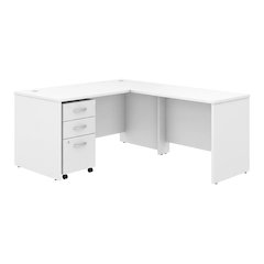 White L-Shaped Office Desk With Mobile File Cabinet And Wire Management