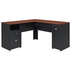 Black L-Shaped Desk with File Cabinet and Multiple Shelves for Office Workspace