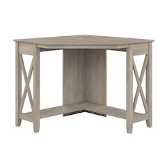 Gray corner computer desk with fixed shelves, wire management, and sturdy build
