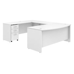 White U-Shaped Office Desk With Mobile File Cabinet And Wire Management
