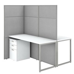 Silver 2-Seat Office Cubicle Desk with File Cabinets and Privacy Panels