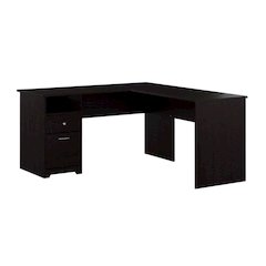 L-Shaped Office Desk With Drawers And Wire Management In Brown