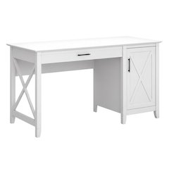 White Farmhouse Style Computer Desk With Storage And Keyboard Tray