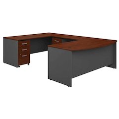 L-Shaped Office Desk With Mobile File Cabinets In Hansen Cherry Finish