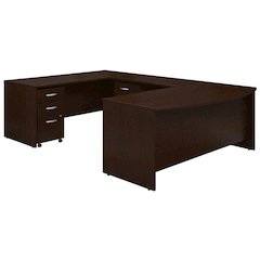 L-Shaped Office Desk With Mobile File Cabinets In Mocha Cherry Finish