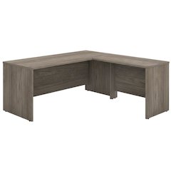 L-Shaped Office Desk With Brown Finish And Wire Management