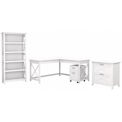Key West 60W L Shaped Desk with File Cabinets and 5 Shelf Bookcase