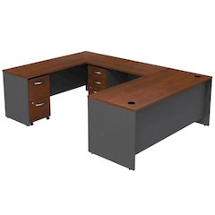 U Shaped Desk, 2 Mobile Pedestals, Hansen Cherry Finish, Classic Shell Design