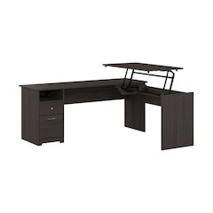 Gray L-Shaped Sit-Stand Office Desk With Multiple Shelves And Wire Management