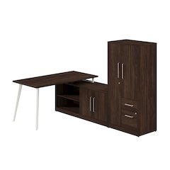 Vista 60W L Shaped Desk with Metal Legs, Low Storage Cabinet, and Wardrobe
