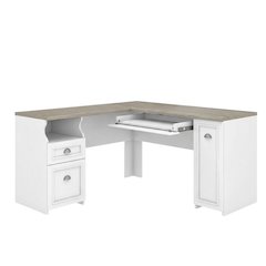 Shiplap Gray, White L-Shaped Desk with File Cabinet, Bookcase for Home Office