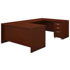 Mahogany U Shaped Desk With 3-Drawer Mobile File Cabinet For Office Spaces
