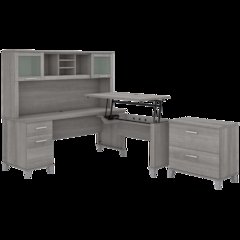 Somerset 72W 3 Position Sit to Stand L Shaped Desk with Hutch and File Cabinet