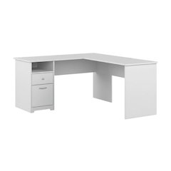 White L-Shaped Computer Desk With Drawers And Shelves For Office Workspace