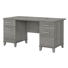 Gray Office Desk With Drawers, Straight Shape And Wire Management Option