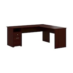 Brown L-Shaped Office Desk With Drawers And Wire Management