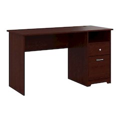 Brown computer desk with drawers and wire management workspace