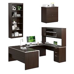 65W U-Shaped Desk with Hutch, Lateral File Cabinet, and Bookcase