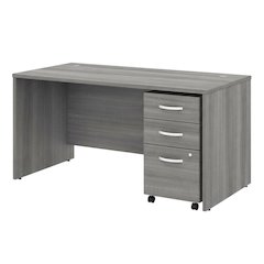 Gray Office Desk With Mobile File Cabinet, 60W, 30D, With Wire Management
