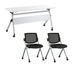 Envision 60W Folding Training Table with Powered Grommets and 2 Chairs
