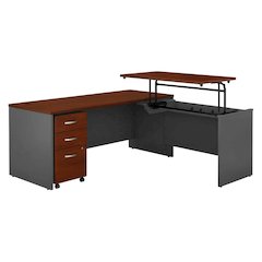 L-Shaped Sit To Stand Office Desk With Hansen Cherry And Graphite Gray Finish
