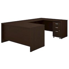 Mocha Cherry U-Shaped Desk With 3-Drawer Mobile File Cabinet For Office Space