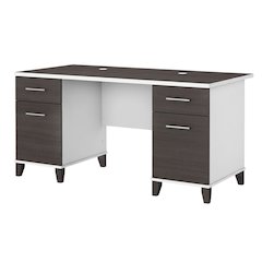 White Office Desk With 4 Drawers And Wire Management, Straight Shape