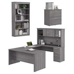 66W U-Shaped Desk with Hutch, Lateral File Cabinet, and Bookcase