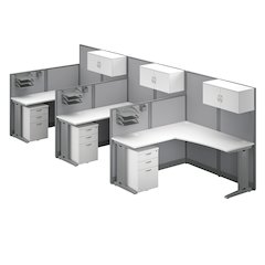 3 Person L Shaped Cubicle Desks with Storage, Drawers, and Organizers