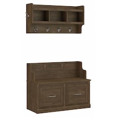 Woodland 40W Entryway Bench with Doors and Wall Mounted Coat Rack