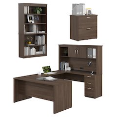 66W U-Shaped Desk with Hutch, Lateral File Cabinet, and Bookcase