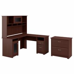 Bush Furniture Cabot 60W L Shaped Computer Desk with Hutch and Lateral File Cabinet, Harvest Cherry