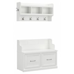 Woodland 40W Entryway Bench with Doors and Wall Mounted Coat Rack