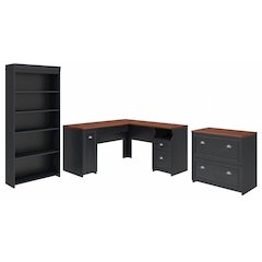 Fairview 60W L Shaped Desk with Lateral File Cabinet and 5 Shelf Bookcase