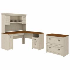 Bush Furniture Fairview 60W L Shaped Desk with Hutch and Lateral File Cabinet, Antique White/Tea Maple