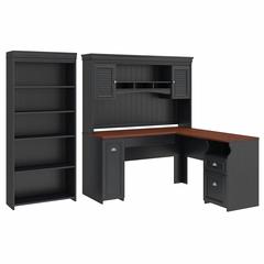 Bush Furniture Fairview 60W L Shaped Desk with Hutch and 5 Shelf Bookcase, Antique Black